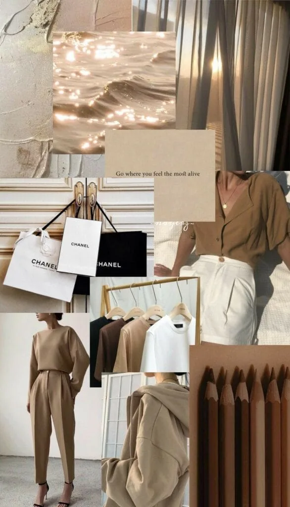 A collage of lifestyle images featuring neutral tones: sparkling water, curtains, Chanel shopping bags, and fashion items. Includes beige and white clothing, a clothing rack, and pencils. Central quote reads "Go where you feel the most alive". Evokes a sense of elegance, minimalism, and personal style