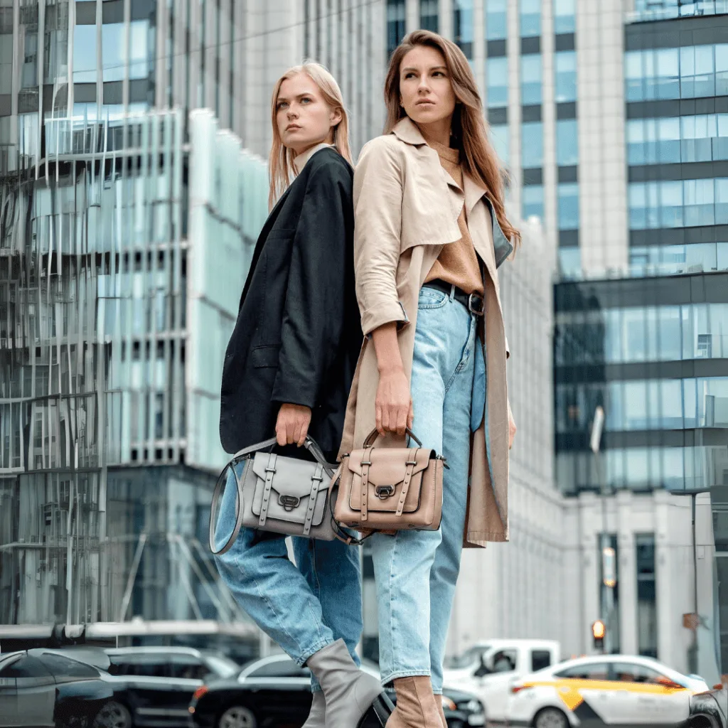 Two young women stand confidently in an urban setting with skyscrapers in the background. One wears a black blazer, the other a beige trench coat, both paired with blue jeans. They carry stylish handbags and exude a professional, fashionable appearance. The image captures a modern, business-casual look in a city environment.