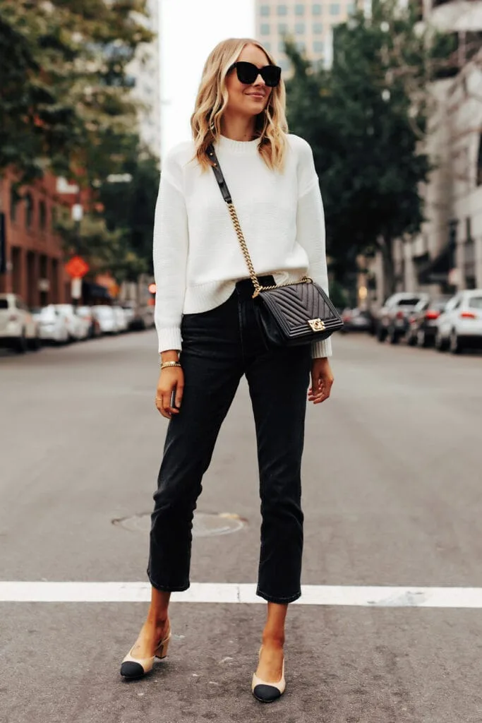 How to style trousers with a cropped crew neck and slingbacks?