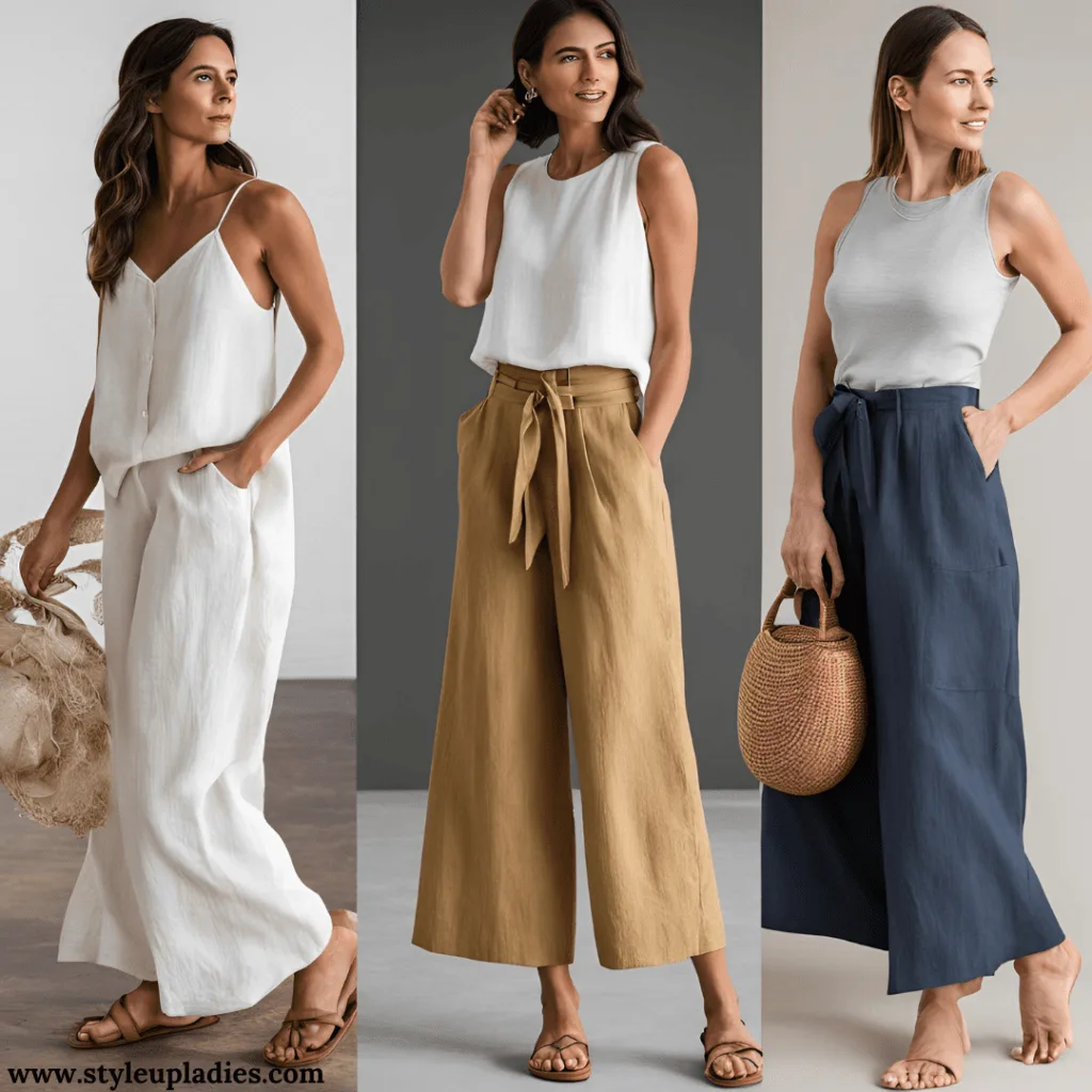 Day at the office with wide-leg linen pants