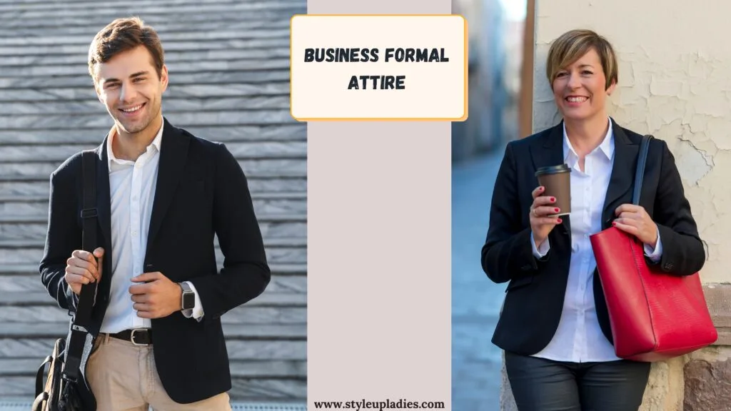 Two individuals in business formal attire, a man and a woman, standing confidently outdoors. The man on the left is wearing a black blazer over a white shirt, paired with beige trousers, while carrying a black bag. The woman on the right is dressed in a black blazer and white shirt, holding a red handbag and a coffee cup. Both are smiling and appear professional. The image is labeled 'Business Formal Attire,' illustrating different types of formal clothing. 