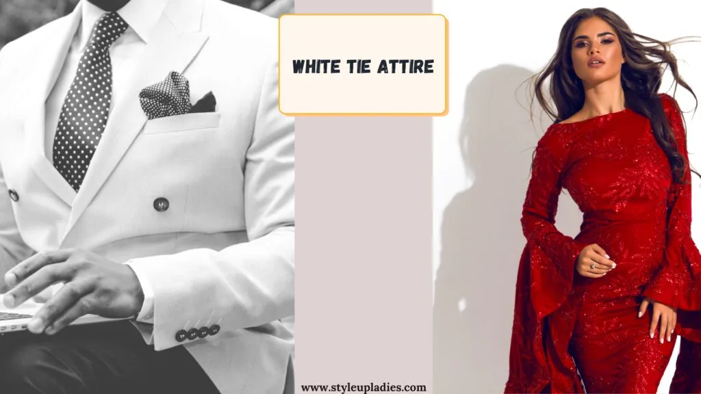 An example of white tie attire featuring a man in a formal white double-breasted suit with a polka-dot tie and pocket square, and a woman in a striking red gown with flowing sleeves and a fitted silhouette. The image showcases the elegance and sophistication of white tie dress codes, emphasizing types of formal clothing for highly formal occasions. The image is labeled 'White Tie Attire.
