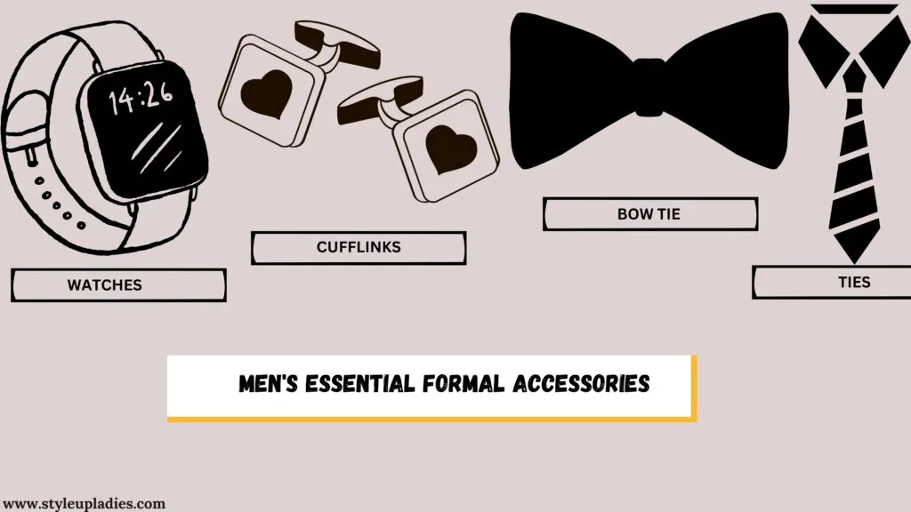This image showcases a collection of men's essential formal accessories through simple illustrations. Featured items include a wristwatch, a pair of cufflinks with heart designs, a bow tie, and a necktie. Each accessory is labeled with its respective name, emphasizing its role in completing a formal outfit. At the bottom of the image, a text box reads "Men's Essential Formal Accessories," indicating the importance of these items in complementing types of formal clothing for men.
