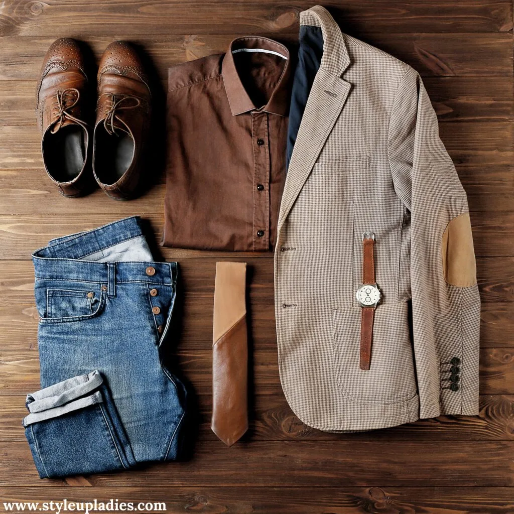 This image displays a flat lay of men's formal and semi-casual clothing items. It features a pair of brown leather brogues, a brown button-up shirt, a light brown tweed blazer with elbow patches, blue jeans, a brown leather tie, and a wristwatch with a leather strap. These items are neatly arranged on a wooden surface, representing a blend of formal and casual wear. The ensemble demonstrates how to pair different types of formal clothing with more casual pieces like jeans for a stylish, smart-casual look.
