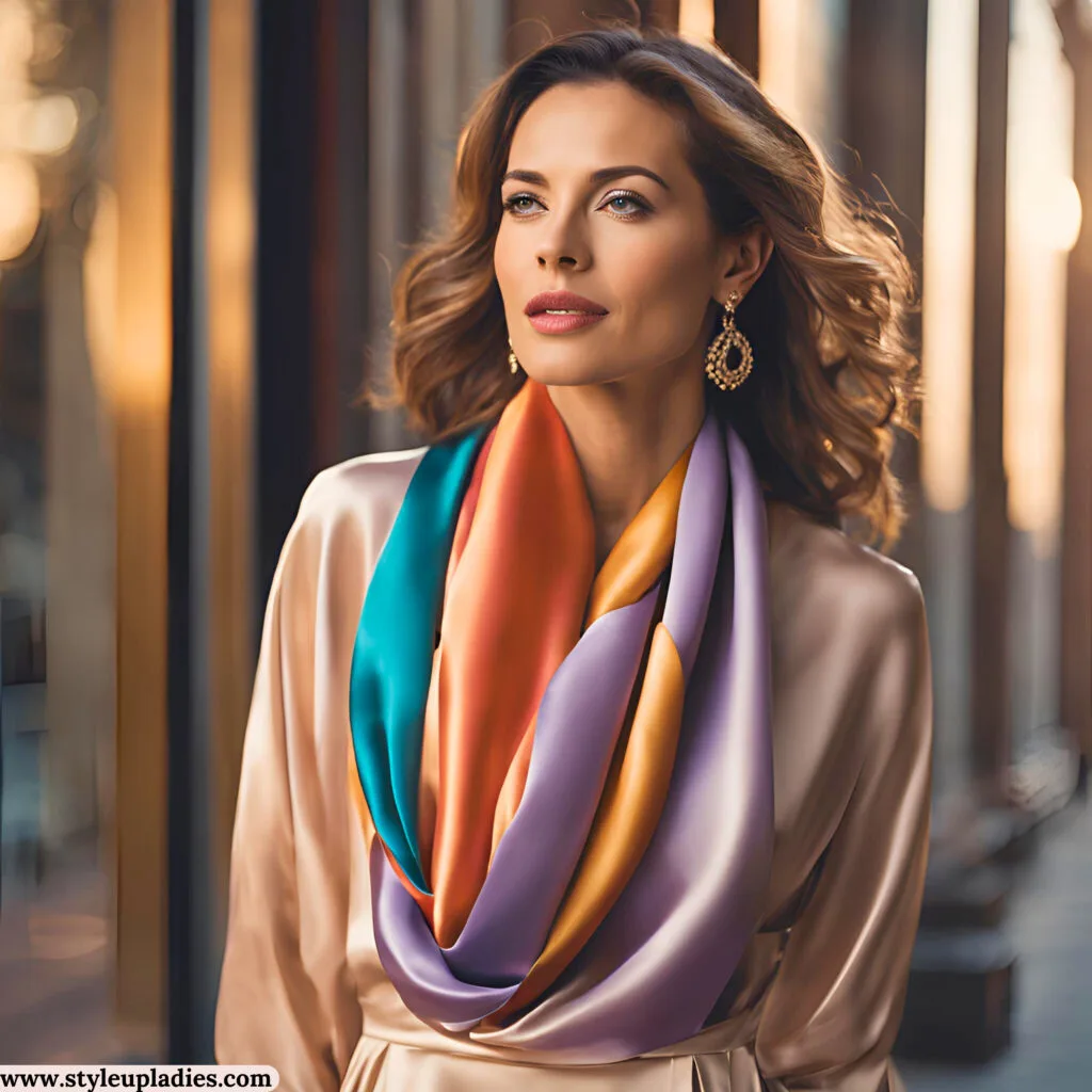 A soft, lightweight shawl in silk or cashmere pairs beautifully with the sleek texture of satin