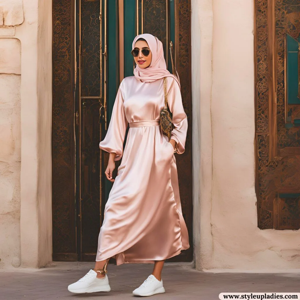 A woman wearing a soft pink satin dress paired with white sneakers and a matching pink hijab, accessorized with a gold-patterned bag and sunglasses, showcasing how to style a satin dress for any occasion with a blend of elegance and comfort.