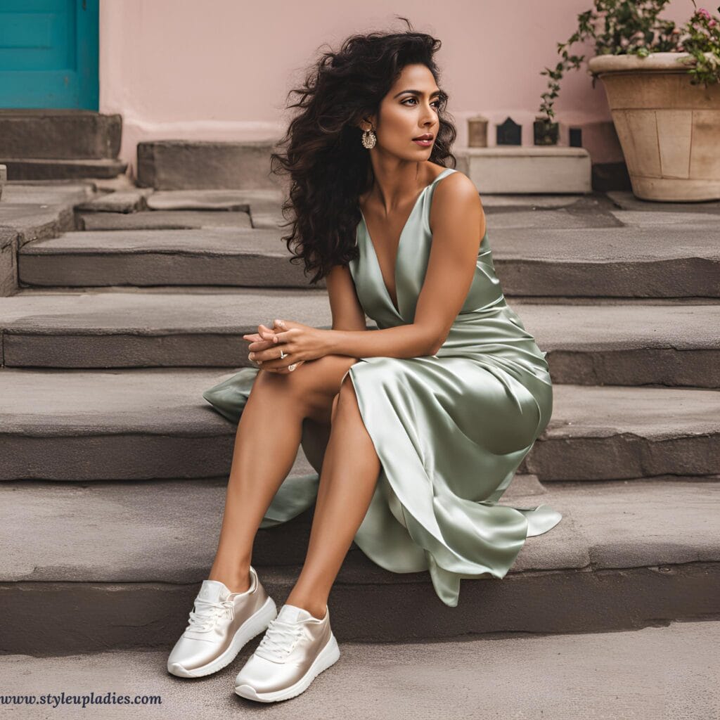 Satin dress in Summer paired up with sneakers for a classy look !
